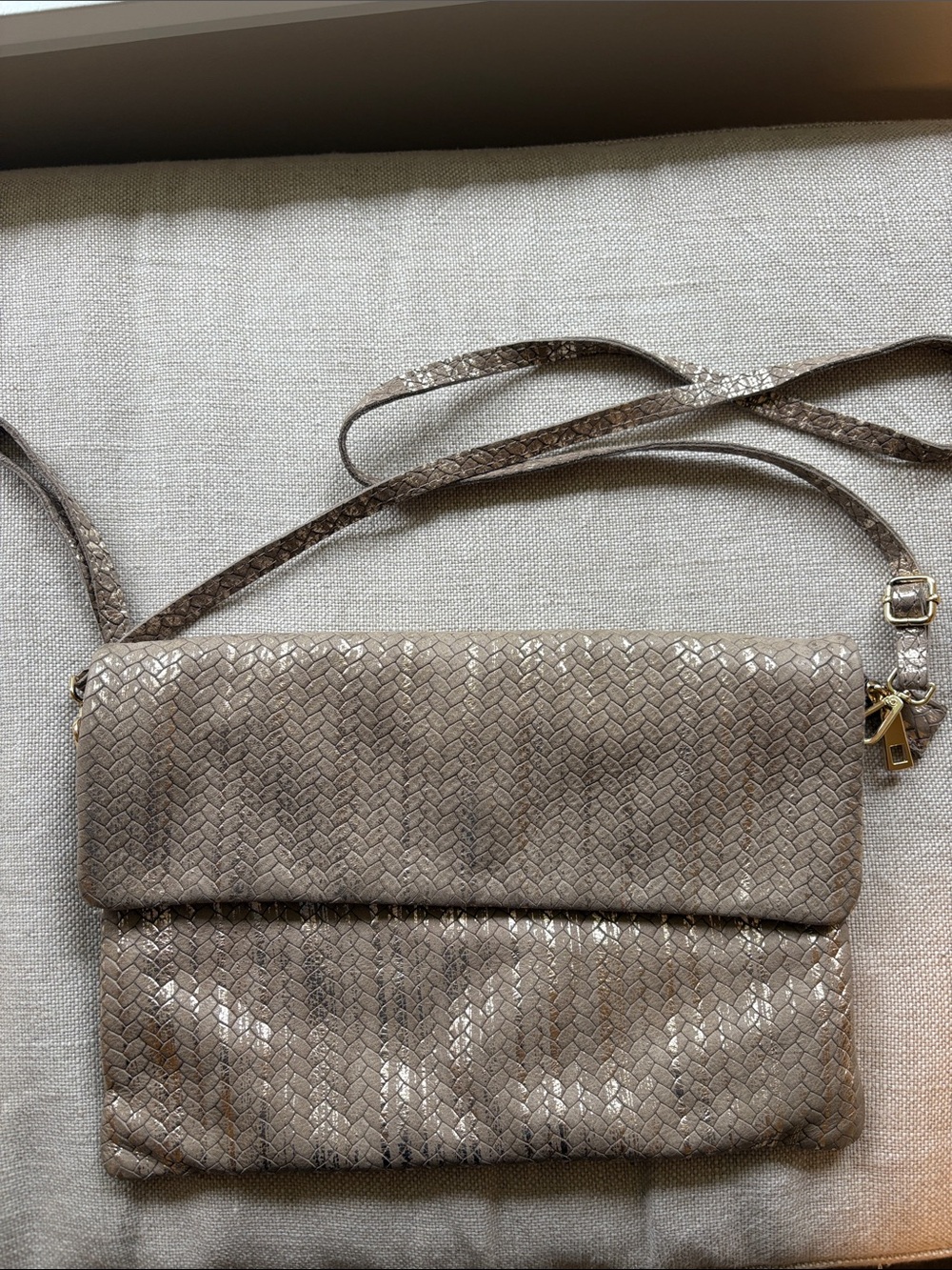 Leather Woven Metallic Taupe Crossbody Bag